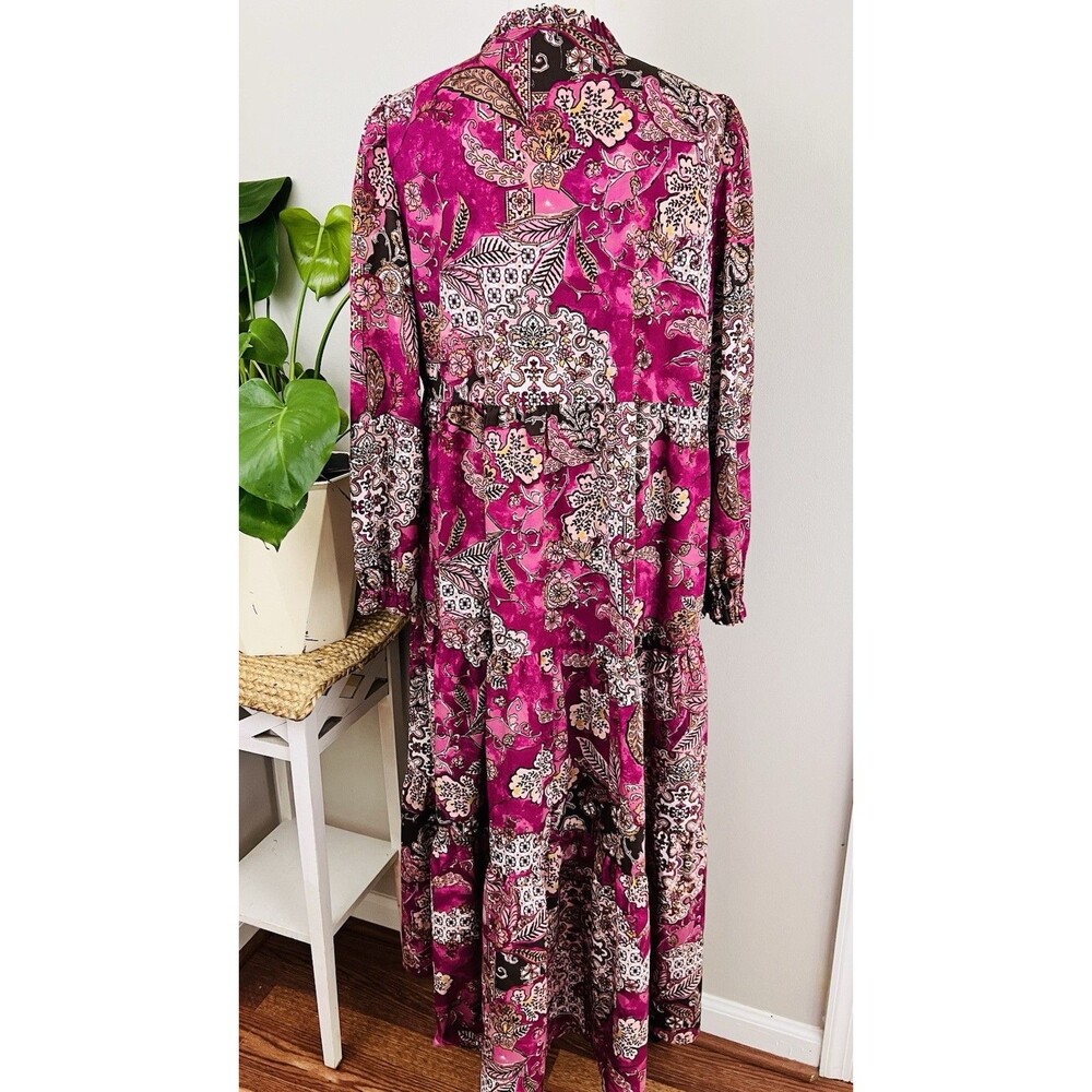 Wonderly Super Soft Fuchsia Floral Long Sleeve Ruffly Maxi Dress Tiered Sz Large - Picture 8 of 10